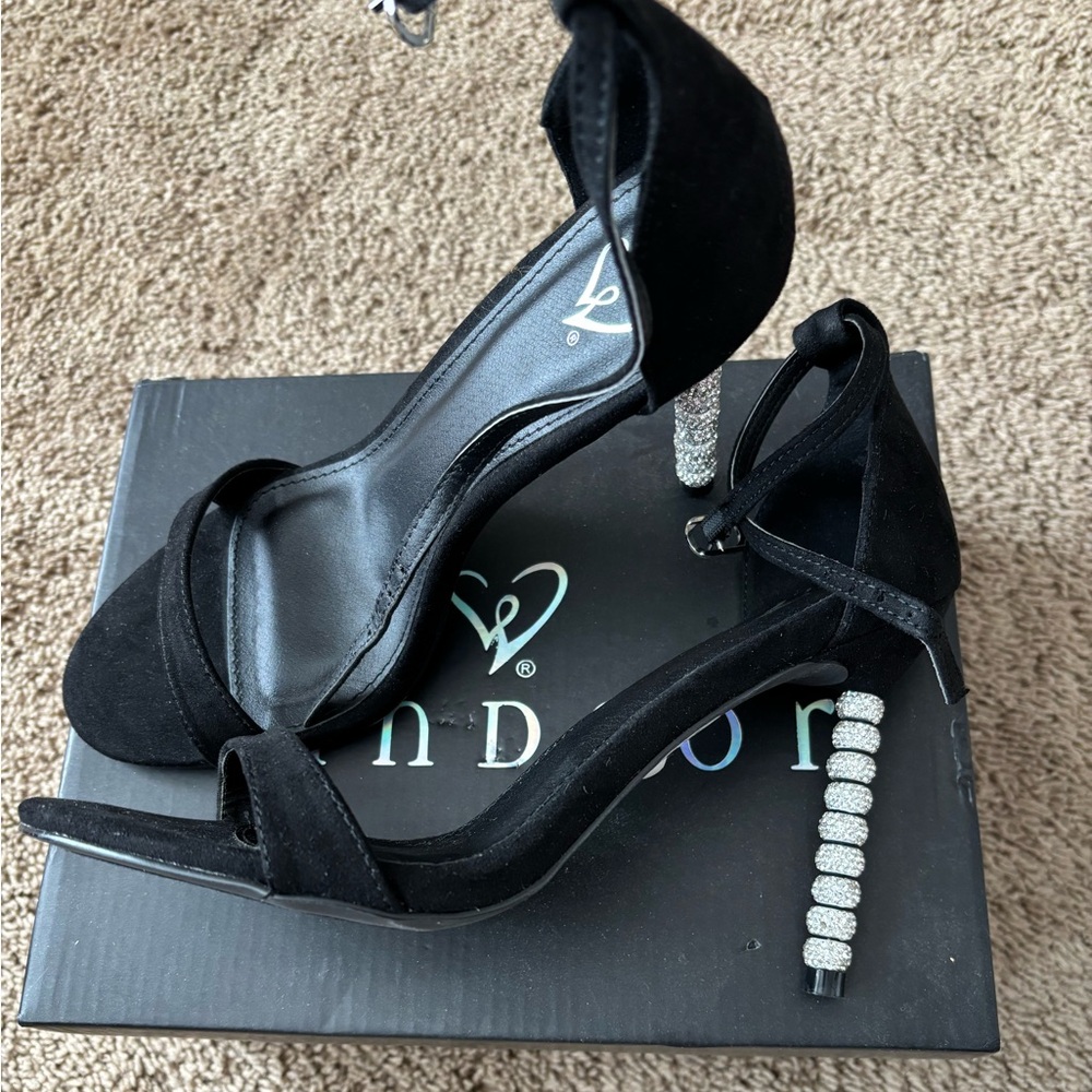 Black Crystal-Accent Ankle Strap Heels